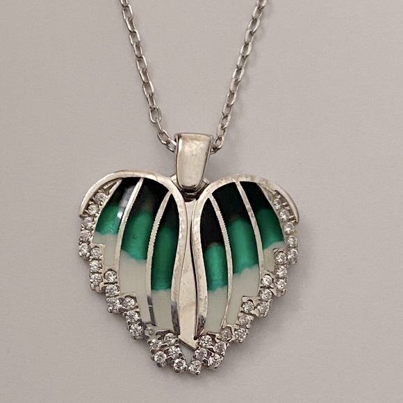 925 Silver double heart initial name cz green handmade enamel necklace - Picture 2 of 7